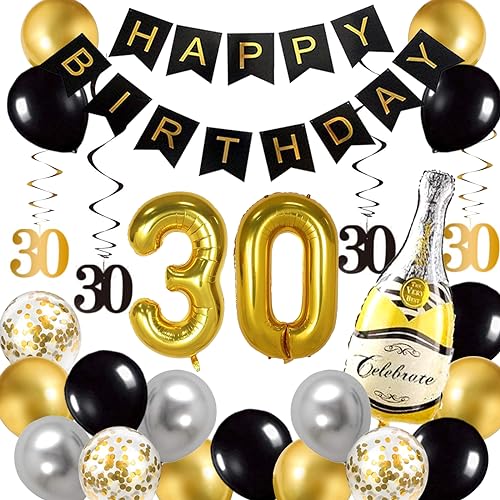 Schwarz und Gold 30th Geburtstag Party Dekorationen für Ihn Sie, Happy Birthday Banner, Nummer 30 Folie Ballon, Schwarz und Gold Geburtstag Dekorationen Zubehör von SZHUIHER