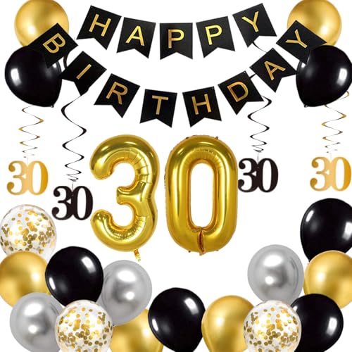 Schwarz und Gold 30th Geburtstag Party Dekorationen für Ihn Sie, Happy Birthday Banner, Nummer 30 Folie Ballon, Schwarz und Gold Geburtstag Dekorationen Zubehör Schwarz und Gold 30th Geburtstag Party Dekorationen für Ihn Sie, Happy Birthday Banner, Nummer 30 Folie Ballon, Schwarz und Gold Geburtstag Dekorationen Zubehör von SZHUIHER