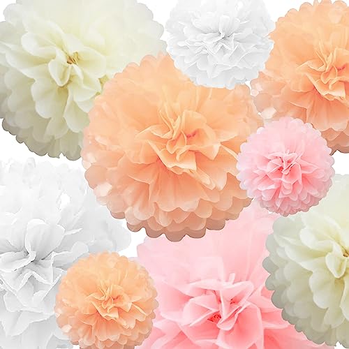 Seidenpapier-Pom-Poms, Papierblumen, 22 Stück, rosa, pfirsichfarben, weiß, cremefarben, Papierblumenball für Geburtstag, Junggesellenabschied, Hochzeit, Baby, Brautparty, Party-Dekoration von SZHUIHER von SZHUIHER