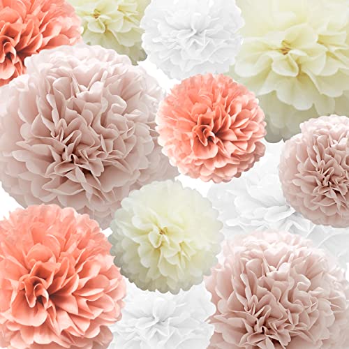 Seidenpapier Pompoms Papierblume 22 Stück Koralle, Altrosa, Elfenbein, Weiß Papierblumenball für Geburtstag Bachelorette Hochzeit Babyparty Brautparty Party Dekoration von SZHUIHER