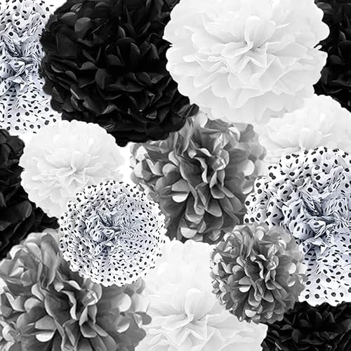 Seidenpapier-Pompons, Papierblumen, 22 Stück, Schwarz, Silber, Polka Dot, Weiß, Papierblumenball für Geburtstag, Junggesellenabschied, Hochzeit, Babyparty, Brautparty, Partydekoration von SZHUIHER