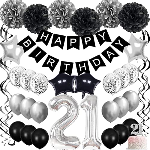 Szhuiher 21st Geburtstag Dekorationen Schwarz und Silber, Happy Birthday Banner mit Ballons Tissue Pompoms hängende Wirbel, 21st Geburtstag Zubehör Szhuiher 21st Geburtstag Dekorationen Schwarz und Silber, Happy Birthday Banner mit Ballons Tissue Pompoms hängende Wirbel, 21st Geburtstag Zubehör von SZHUIHER