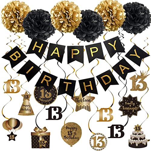 Szhuiher Happy 13 Birthday Hanging Strudel Streamer Deko, Happy Birthday Banner mit Tissueppoms, Schwarz und Gold 13 Jahre alt Geburtstagsfeier hängende Hintergrunddekorationen Szhuiher Happy 13 Birthday Hanging Strudel Streamer Deko, Happy Birthday Banner mit Tissueppoms, Schwarz und Gold 13 Jahre alt Geburtstagsfeier hängende Hintergrunddekorationen von SZHUIHER