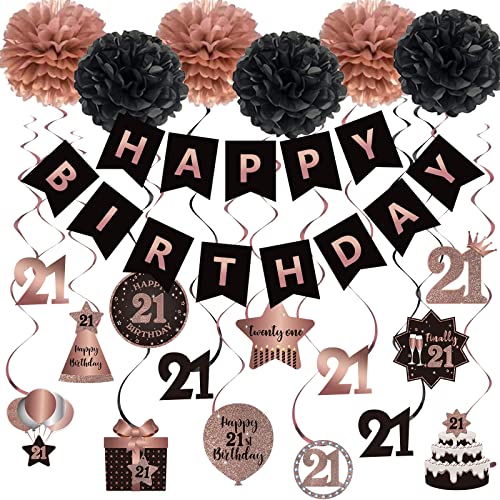 Szhuiher Happy 21st Birthday Hängende Wirbel Luftschlangen Dekoration, Happy Birthday Banner mit Seidenbommeln, Rose Gold und Schwarz 21 Jahre alt Geburtstag Party Hängende Hintergrund Dekorationen von SZHUIHER
