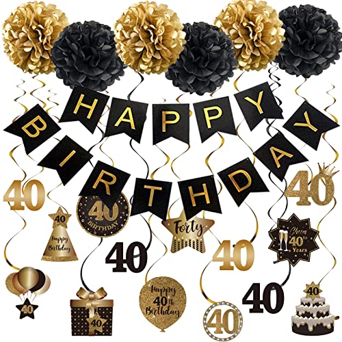 Szhuiher Happy 40th Birthday Hängende Wirbel Luftschlangen Dekoration Set, Happy Birthday Banner mit Seidenbommeln, Schwarz und Gold 40 Jahre alt Geburtstag Party Hängende Hintergrund Dekorationen Szhuiher Happy 40th Birthday Hängende Wirbel Luftschlangen Dekoration Set, Happy Birthday Banner mit Seidenbommeln, Schwarz und Gold 40 Jahre alt Geburtstag Party Hängende Hintergrund Dekorationen von SZHUIHER