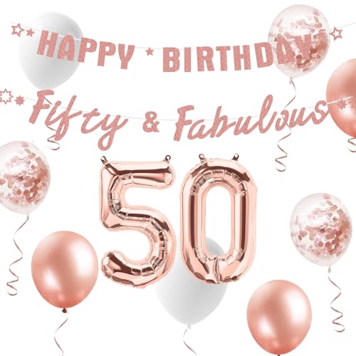 Szhuiher Roségold 50 Geburtstag Dekorationen für Frauen Mädchen, Happy 50 Fabulous Banner, Nummer 50 Folienballon, 50 Jahre alt Party Supplies Szhuiher Roségold 50 Geburtstag Dekorationen für Frauen Mädchen, Happy 50 Fabulous Banner, Nummer 50 Folienballon, 50 Jahre alt Party Supplies von SZHUIHER