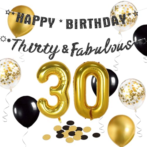 Szhuiher Schwarz und Gold 30th Geburtstag Dekorationen für Männer Frauen, Happy 30 Fabulous Geburtstag Banner, Nummer 30 Folie Ballon, 30 Jahre alte Geburtstag Party Dekorationen Zubehör Szhuiher Schwarz und Gold 30th Geburtstag Dekorationen für Männer Frauen, Happy 30 Fabulous Geburtstag Banner, Nummer 30 Folie Ballon, 30 Jahre alte Geburtstag Party Dekorationen Zubehör von SZHUIHER