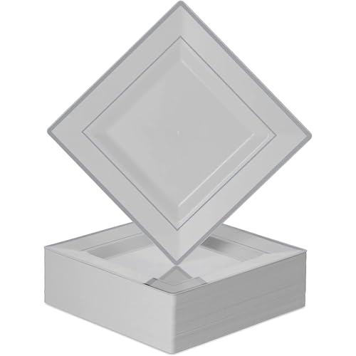 SZHXVIVISY 6,5"/9,5" wiederverwendbare quadratische Kunststoffteller, weiße Partyteller, Hartplastikteller, Kunststoff-Speiseteller, Dessert-Vorspeisenteller für Party, Hochzeit (Silber, 9.5) von SZHXVIVISY