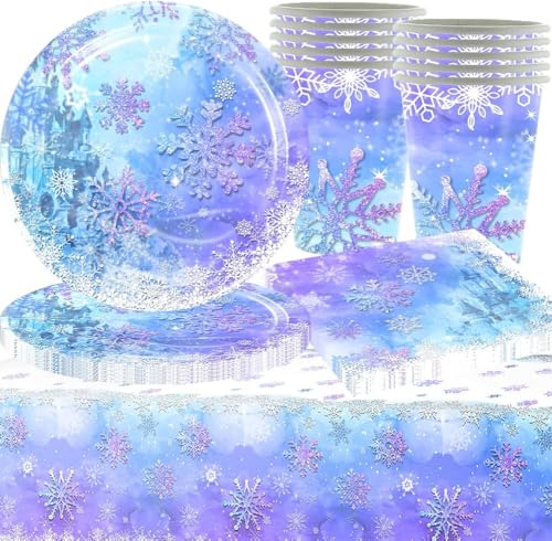 Schneeflocke Partygeschirr,61PCS mit Schneeflockenmotiv,Winter Schneeflocke Partygeschirr Dekoration,Winter Wonderland Party Supplies,Schnee Party für Neujahr,Feier von SZJFYMQ