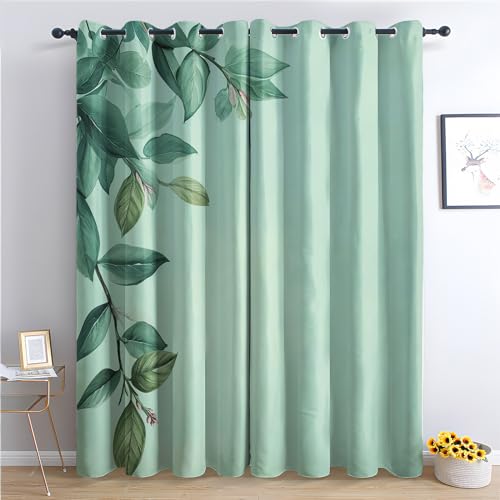 Grün Blatt Vorhänge, Verdunklungsvorhänge mit Muster Salbei Grün, Vorhang Blickdicht mit Ösen, Gardinen für Wohnzimmer Schlafzimmer Kinderzimmer Deko 2er Set - 200x140 (H X B) (Ic-&205) von SZLYZM