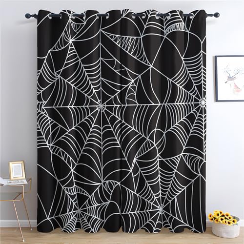 Halloween Spinnennetz Vorhänge, Verdunklungsvorhänge mit Muster Schwarz Weiß, Vorhang Blickdicht mit Ösen, Gardinen für Wohnzimmer Schlafzimmer Kinderzimmer Deko 2er Set - 200x140 (H X B) (Kl-&174) von SZLYZM