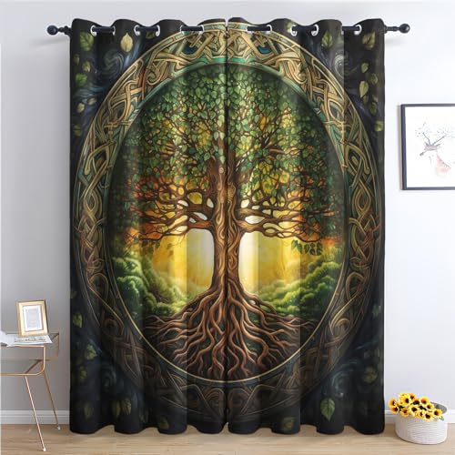 SZLYZM Baum des Lebens Vorhänge, Verdunklungsvorhänge mit Muster Wikinger, Vorhang Blickdicht mit Ösen, Gardinen für Wohnzimmer Schlafzimmer Kinderzimmer Deko 2er Set - 260x140 (H X B) (Q1-&224) von SZLYZM