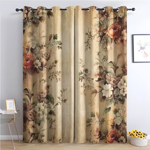 SZLYZM Vintage Blumen Vorhänge, Verdunklungsvorhänge mit Muster Blumen, Vorhang Blickdicht mit Ösen, Gardinen für Wohnzimmer Schlafzimmer Kinderzimmer Deko 2er Set - 200x140 (H X B) (QU-&205) von SZLYZM