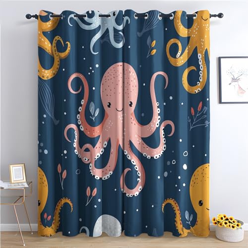 Vorhänge Kinder Mädchen Jungen, Verdunkelungsvorhang 2er Set - Vorhang Blickdicht Oktopus Cartoon Muster, Thermovorhang für Deko Wohnzimmer Schlafzimmer, Gardinen mit Ösen 137x117 cm (HxB) (WI-&386) von SZLYZM