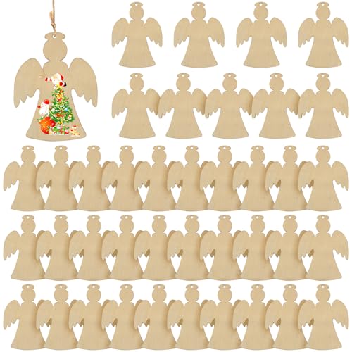 40 Stück Holzengel Klein, Engel Holz Engel Deko, Schutzengel Holzanhänger zum Bemalen, Unbehandelte Holzscheiben zum Basteln für DIY Handwerk Schnitzen Laser Gravur Malen, mit 5M Juteseil von SZSIQI
