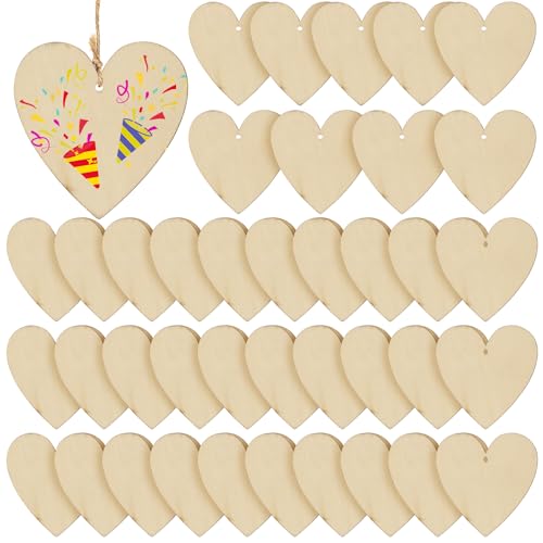 40 Stück Holzherzen zum Beschriften, Holzherzen Deko Hochzeit, Holzscheiben mit Loch, Unbehandelte Holzanhänger zum Bemalen für DIY Handwerk Schnitzen Laser Gravur Malen, mit 5M Juteseil von SZSIQI
