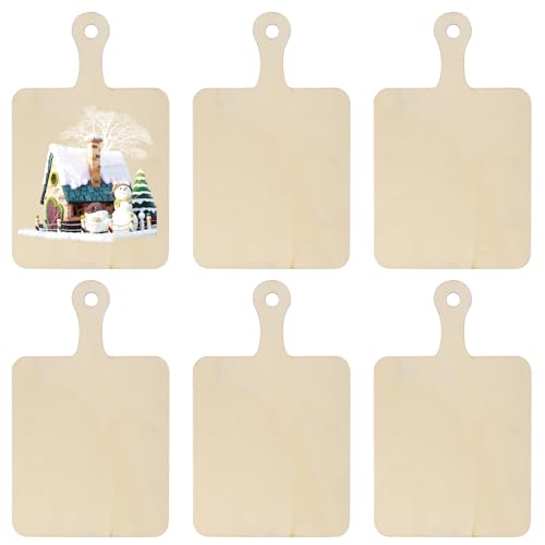 6 Stk Holzplatten zum Basteln, Unvollendete Holzscheiben, Unbearbeiteter Holz Platten zum Bemalen, Quadrat Holz Schneidebrett mit Griff, Holzschilder Blanko zum Aufhängen für Brandmalerei Deko von SZSIQI