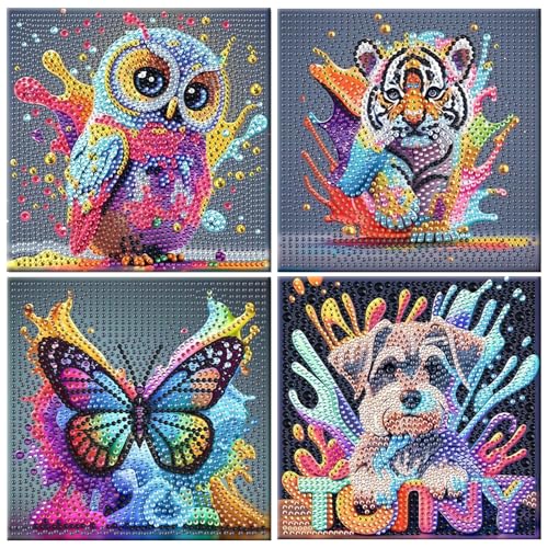 SZSMW 4 Diamant Painting Bilder Kinder - Diamond Painting Klein - Malen Nach Zahlen Tiere - Ideal Zum Dekorieren der Wandkunst FüR Wohnzimmer,Schlafzimmer,Studium,BüRo,Esszimmer und Andere AnläSse von SZSMW