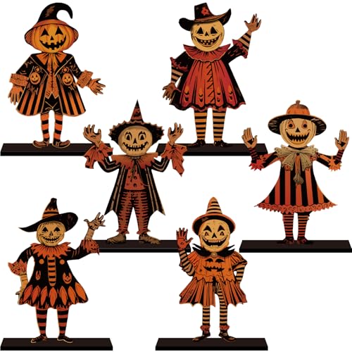Vintage-Halloween-Dekoration für Zuhause, Holz, Tischdekoration, 16 x 10,7 cm, Horror, gruseliges Vogelscheuchen-Muster, Vintage-Halloween-Dekorationen, Party-Tischaufsätze, 6 Stück von SZTZPW