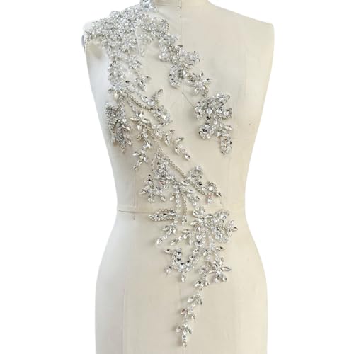 SaeYz Handgefertigte glänzende Acryl-Strasssteine auf Spitze, Applikation, Pailletten, Besatz, Flicken für Kleid, Kleidung, Accessoires, 10,9 x 69,9 cm (Silber) von SaEyz