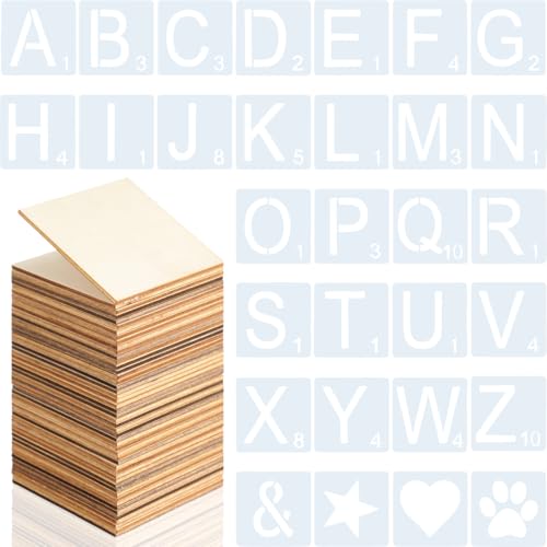 Sabary 130 Stück 7,6 x 7,6 cm Buchstaben- und Symbol-Schablonen und unlackiertes quadratisches Holz-Set enthält 26 Alphabet- und 4 Symbol-Schablonen und 100 Holzquadrate für DIY Home Craft Room von Sabary