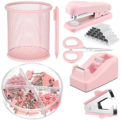 Schreibtisch Zubehör Kit Bürobedarf Set Hefter, Heftklammerentferner, Binder Clips, Büroklammern, Push Pins, Heftklammern, Kugelschreiber, Schere, Klebebandabroller, Stifthalter für Weihnachtsgeschenk (Rosa) von Sabary