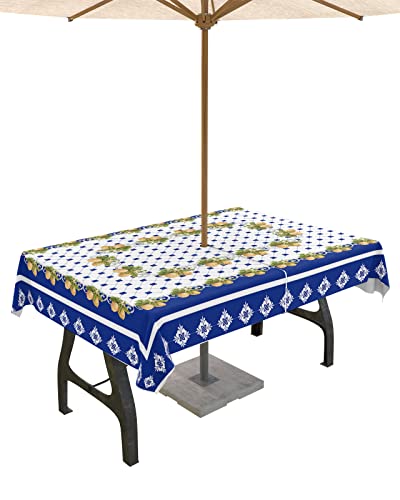 Rechteckige Tischdecke im Boho-Stil, Bohemia-Mandala, für den Außenbereich, mit Schirmloch, knitterfrei, abwischbar, wasserdicht, mit Reißverschluss, für Terrasse, Party, Blau, Vintage, Zitrone von Sabolny