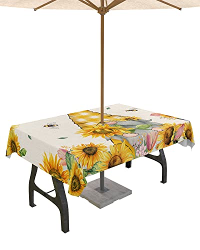 Rechteckige Tischdecke mit Bienenzwergen, für den Außenbereich, mit Schirmloch, knitterfrei, abwischbar, wasserdicht, mit Reißverschluss, für Terrasse, Party, Sonnenblumen-Hummel, Gelb kariert, 152 x von Sabolny