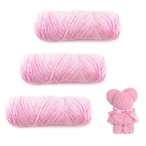 SacJkt Chenille Wolle, Chenille Wolle zum Häkeln,3 Rolle Flauschige Weich Plüschwolle, Häkelgarn Wolle Zum Stricken & Häkeln, Perfekt für Kunsthandwerk（Rosa） von SacJkt