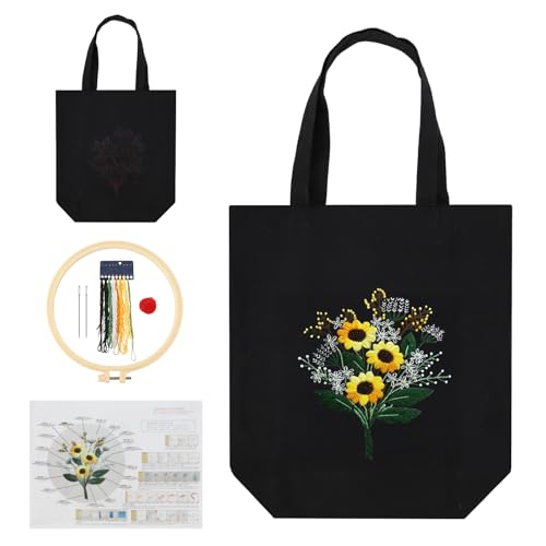 SacJkt Sticken Set Erwachsene, Embroidery Kit, Canvas Tote Bag Stickerei Starter Set mit Werkzeug und Anleitung, Kreuzstich Kit für Anfänger Erwachsene und Stickereiliebhaber（schwarz） von SacJkt