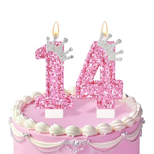 Rosa Geburtstagskerzen, Geburtstagskerze für Kuchendekorationen, Zahl 14 Kerze, Geburtstagskuchenaufsatz mit Kronen-Pailletten für Mädchen, Frauen, Party-Dekorationen, Zubehör (Rosa 14) von Sacguguber