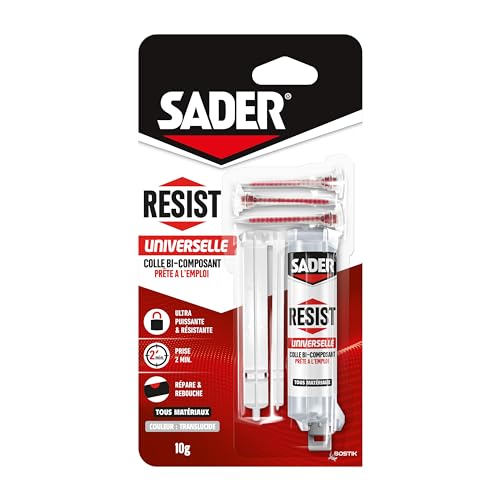 Sader Resist Universal – Zweikomponenten-Kleber Typ Epoxidharz – Reparaturkleber für alle Untergründe – innen/außen – Farbe: transparent – 1 Spritze à 10 g (+ 3 Mischaufsätze) von Sader