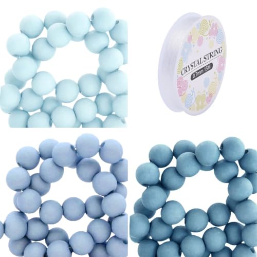 Sadingo Acrylperlen Matt | 6 mm - 1800 Perlen + Band, 600 je Farbe (Eisblau, Blau, Gletscherblau) Matte Kunststoffperlen mit Loch, zum Auffädeln für DIY-Schmuck, Bastelperlen-Set, Armbänder Machen von Sadingo