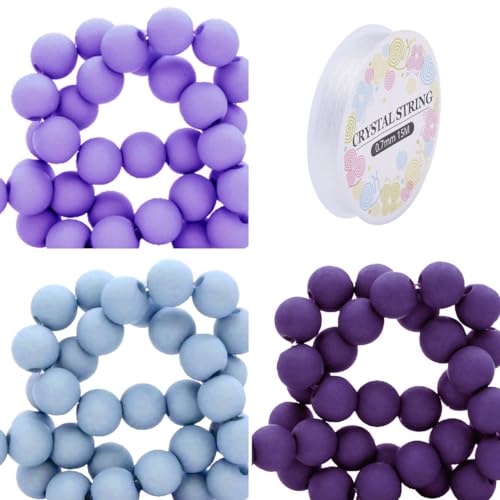 Sadingo Acrylperlen Matt | 6 mm - 1800 Perlen + Band, 600 je Farbe (Lila, Blau, Dunkellila) Matte Kunststoffperlen mit Loch, für DIY-Schmuck, Bastelperlen-Set, Armbänder selber Machen von Sadingo