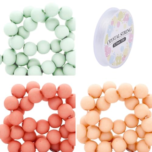 Sadingo Acrylperlen Matt | 6 mm - 1800 Perlen + Band, 600 je Farbe (Türkis Grün, Korallenrot, Pfirsich) Matte Kunststoffperlen mit Loch, für DIY-Schmuck, Bastelperlen-Set, Armbänder selber Machen von Sadingo