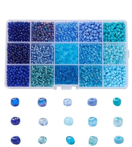 Sadingo Glasperlen Set Blau | 4 mm - 15 Farben, Rocailles Mini Perlen in der Großpackung, Verschiedene Blautöne, Glass Beads, Bastelperlen-Mix, Perlen-Mix, Armbänder selber Machen, Schmuckperlen von Sadingo
