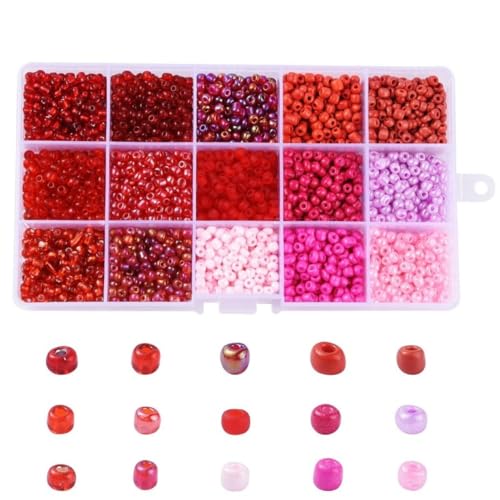 Sadingo Glasperlen Set Rot Rosa | 4 mm - 15 Farben, Rocailles Mini Perlen Großpackung, Verschiedene Rottöne, Glass Beads, Bastelperlen-Mix, Perlen-Mix, Armbänder selber Machen, Schmuckperlen von Sadingo