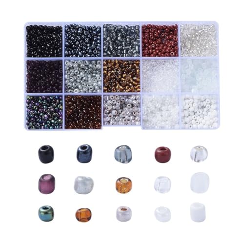 Sadingo Glasperlen Set Box (4mm 15 Farben), Rocailles Mini Perlen, Großpackung Glass Beads, Bunte Glasperlen Wählbar, Farbe:Weiß Schwarz Silber von Sadingo