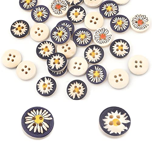 Sadingo Holzknöpfe Set 100 Stück (50 Stück 13 mm, 50 Stück 18 mm) Knöpfe Mix Blumen zum basteln, Wooden Buttons von Sadingo