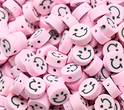 Sadingo Polymer Clay Perlen Rosa (Hellrosa 10mm 40 Stück) Perlen Gesicht, Smiley Beads, Schmuck Mädchen selber Machen von Sadingo