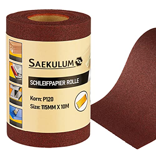 Schleifpapierrolle Korn 120, 115 mm x 10 m Sandpapier Schmirgelpapier universal einsetzbar, für Holz Kunststoff Lacke Metall von Saekulum