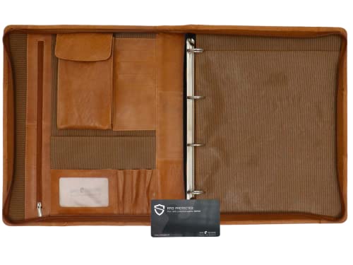 Safekeepers Ledermappe a4, Konferenzmappe A4 Leder,Schreibmappe a4 Reißverschluss,Dokumentenmappe a4 Leder ringbuch (Cognac RFID Skimm Blocker) von Safekeepers