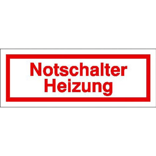 Hinweisschild - Betriebskennzeichnung Notschalter Heizung Größe (BxH): 8,0 x 3,0 cm Weich-PVC-Folie, selbstklebend, bedruckt von SafetyMarking