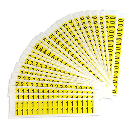 Selbstklebende Ziffern auf Karte Kombipackung Ziffern 0-9 Schrifthöhe 16 mm, gelb/schwarz VE = 25 Karten, (je 3K 1-5 je 2K 6-0) Größe Einzeletikett (BxH): 1,4 x 1,9 cm PVC-Folie, selbstklebend von SafetyMarking