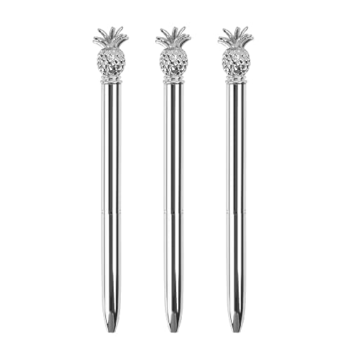 3 Stück Kugelschreiber, schwarze Tinte, Metall-Ananas-Stifte, kreative Tintenroller für Schule, Bürobedarf (Silber) von SagaSave