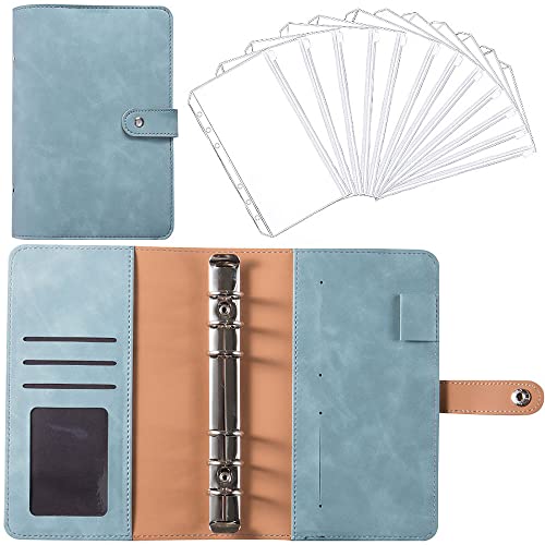 A6-Budgetordner, nachfüllbar, 6 runde Ringbuchhüllen, Ringbuch-Set, Sparbuch aus PU-Leder, mit 12 transparenten Reißverschlusstaschen, für Reiseschreiben und Tagebuch (Blau) von SagaSave