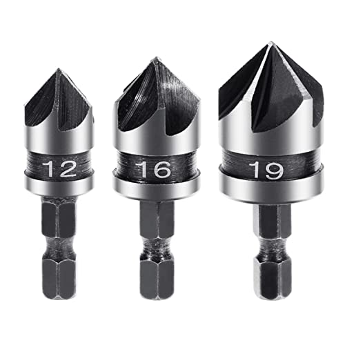 SagaSave 3 Stück (12, 16, 19 mm) Metall-Senker, Fasenbohrer, Fräser, 5 Nuten, 90 Grad Fasen, Senker für Holz, weiches Metall, Kunststoff von SagaSave