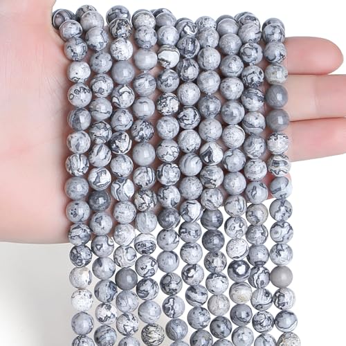 Sahoottie 100 Stück Grauer Bildstein Kristalle Perlen zum Auffädeln Kristall Perlen für Armbänder Naturstein Perlen Set Grauer Edelstein Perlen für Herstellung Schmuck Armbänder Halsketten 6mm von Sahoottie