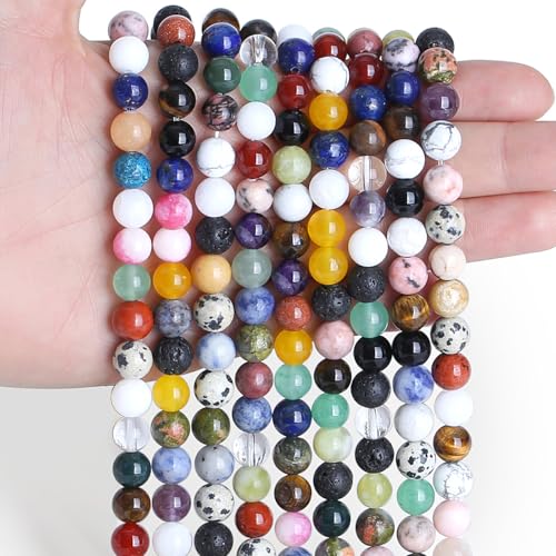 Sahoottie 100 Stück Kristalle Perlen zum Auffädeln Edelsteine Bunte Perlen Set Naturstein Perlen für Armbänder Ketten DIY Schmuckherstellung Basteln Mehrfarbig Perlen 6mm von Sahoottie