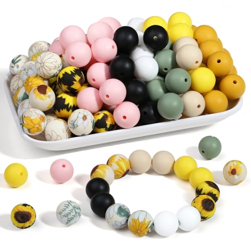 Sahoottie 15mm Silikonperlen zum Auffädeln Mehrfarbig Blumendruck Perlen für Armbänder Selber Machen Schlüsselanhänger Stifte Armband DIY Bastelperlen 10 Farben 70 Stück von Sahoottie